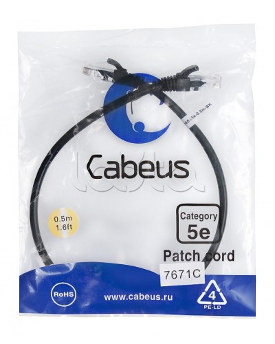 Патч-корд UTP, категория 5e, 0.5 м, неэкранированный, черный Cabeus PC-UTP-RJ45-Cat.5e-0.5m-BK в Белгороде Патчкорды (медные) Pintop.ru