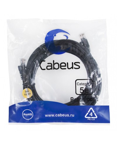 Патч-корд UTP, категория 5e, 5 м, неэкранированный, черный Cabeus PC-UTP-RJ45-Cat.5e-5m-BK в Белгороде Патчкорды (медные) Pintop.ru