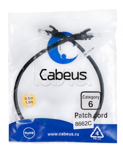 Патч-корд UTP, категория 6, 0.5 м, неэкранированный, черный Cabeus PC-UTP-RJ45-Cat.6-0.5m-BK в Белгороде Патчкорды (медные) Pintop.ru