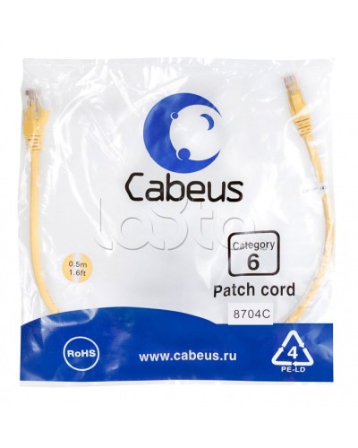 Патч-корд UTP, категория 6, 0.5 м, неэкранированный, желтый Cabeus PC-UTP-RJ45-Cat.6-0.5m-YL в Белгороде Патчкорды (медные) Pintop.ru