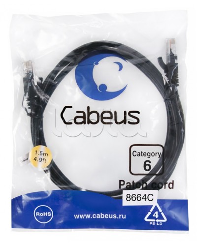 Патч-корд UTP, категория 6, 1.5 м, неэкранированный, черный Cabeus PC-UTP-RJ45-Cat.6-1.5m-BK в Белгороде Патчкорды (медные) Pintop.ru