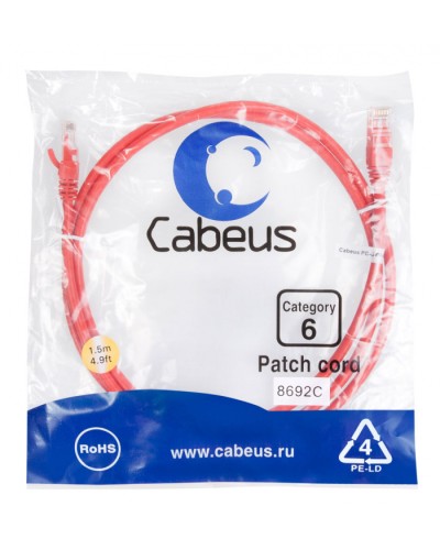 Патч-корд UTP, категория 6, 1.5 м, неэкранированный, красный Cabeus PC-UTP-RJ45-Cat.6-1.5m-RD в Белгороде Патчкорды (медные) Pintop.ru