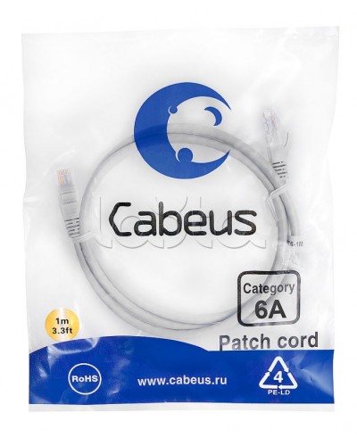 Патч-корд UTP, категория 6a, 10G, неэкранированный, LSZH, 1 м, серый Cabeus PC-UTP-RJ45-Cat.6a-1m-LSZH в Белгороде Патчкорды (медные) Pintop.ru
