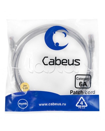 Патч-корд UTP, категория 6a, 10G, неэкранированный, LSZH, 2 м, серый Cabeus PC-UTP-RJ45-Cat.6a-2m-LSZH в Белгороде Патчкорды (медные) Pintop.ru