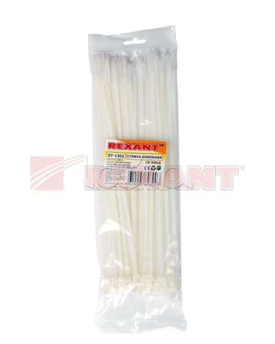 Хомут-стяжка нейлоновый 5х300 мм белый (100шт/уп) REXANT 07-1302 в Белгороде Стяжки-хомуты Pintop.ru